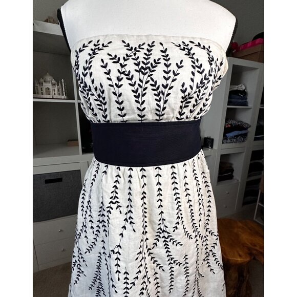 Ann Taylor Womens Dress Strapless White Embroidered Black Waist Linen Fairy - Picture 4 of 10